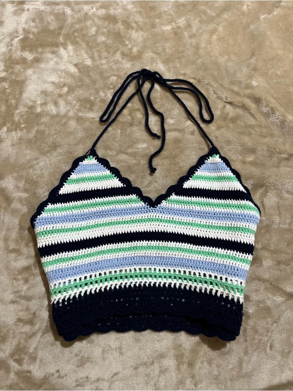 aerie Striped Crochet Halter Crop Top in Navy, White, Light Blue & Mint